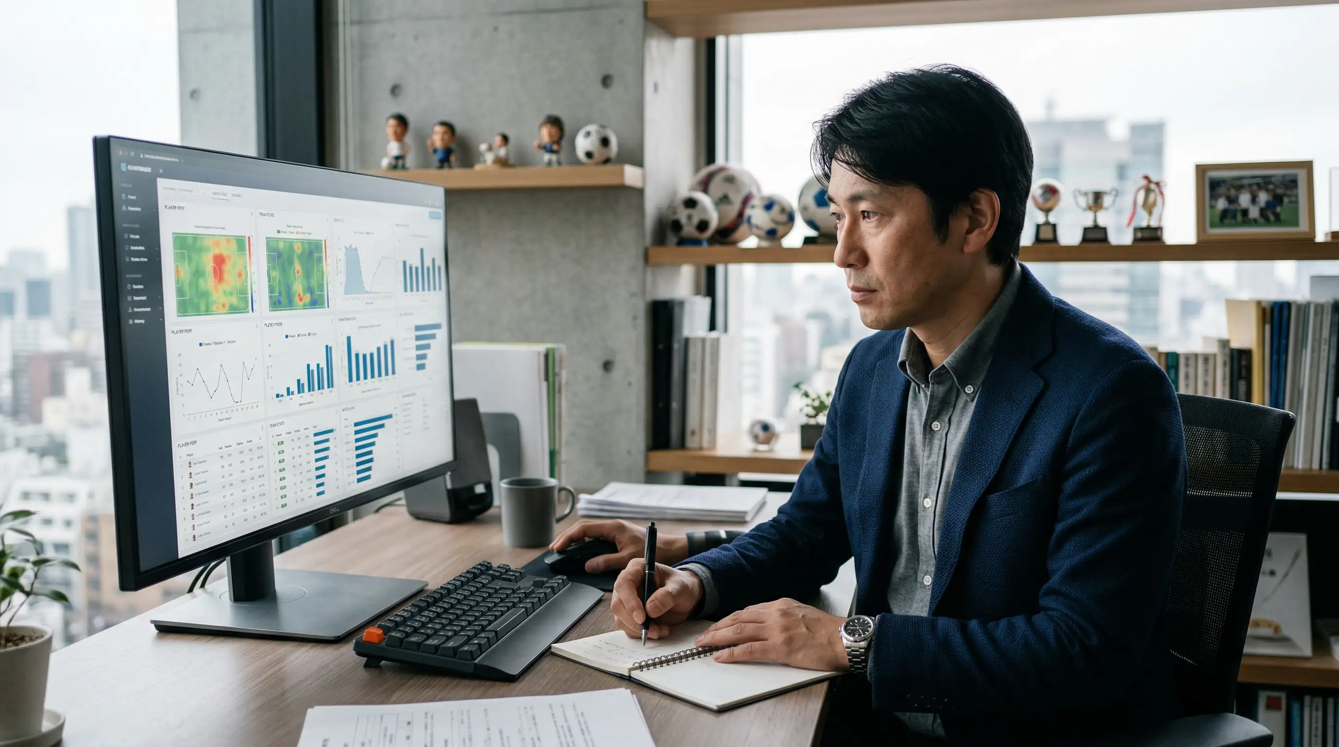 Analista revisando historial de enfrentamientos previos de la J League en pantalla