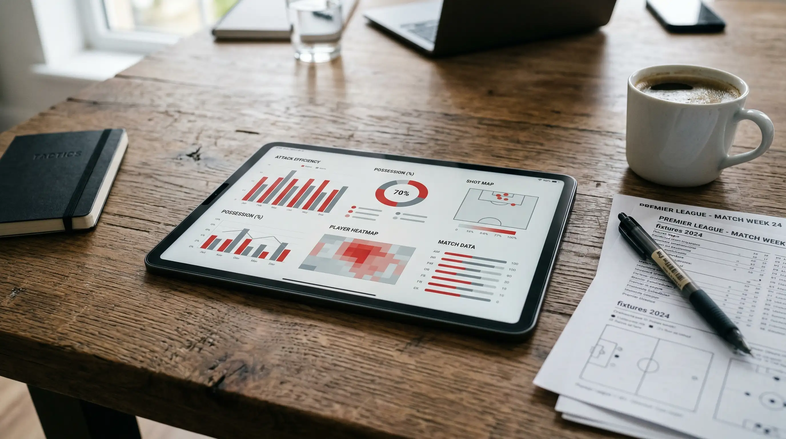 Tablet mostrando estadísticas y métricas de partidos de la J League