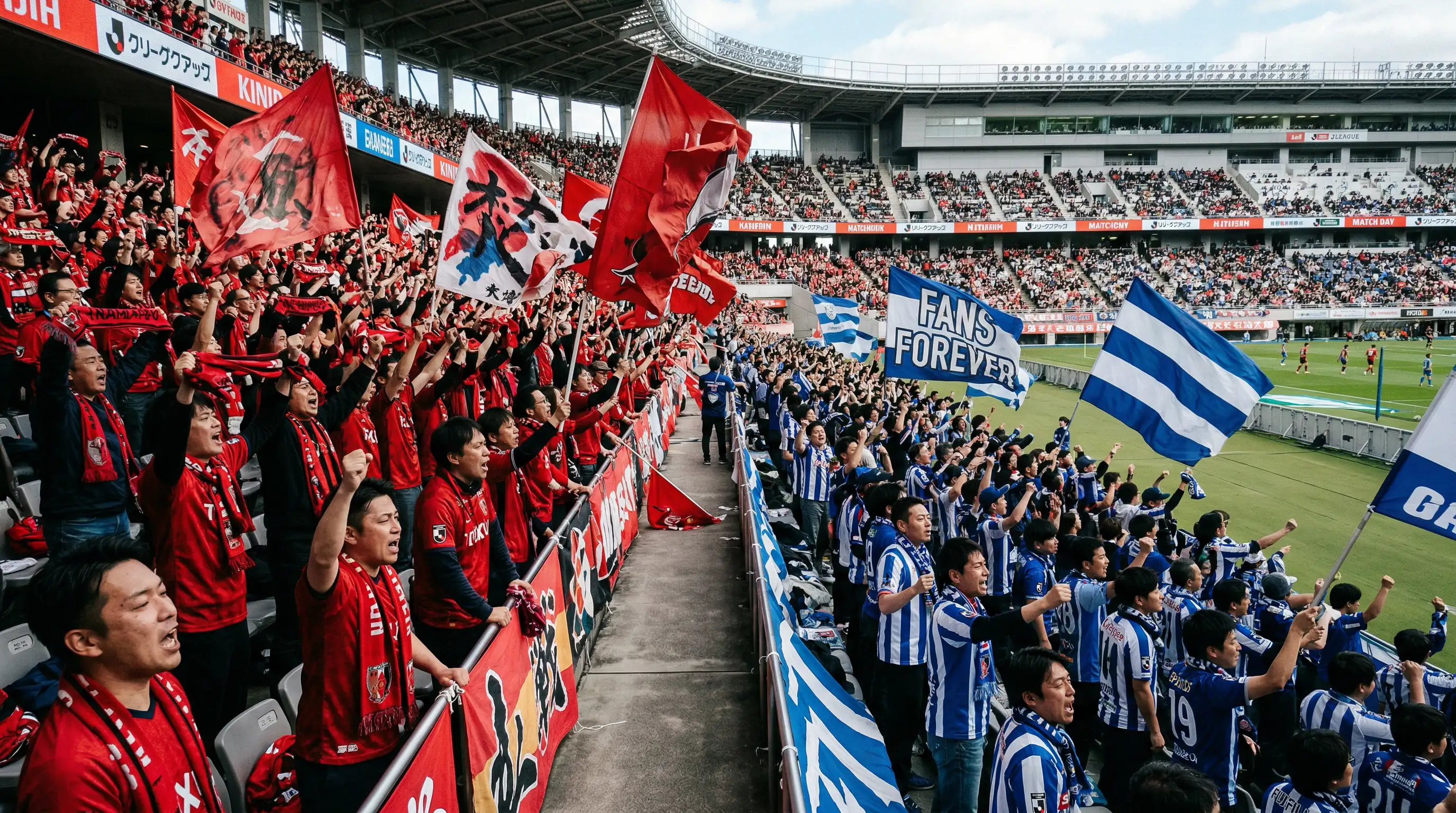 Aficionados de equipos rivales de la J League en las gradas del estadio