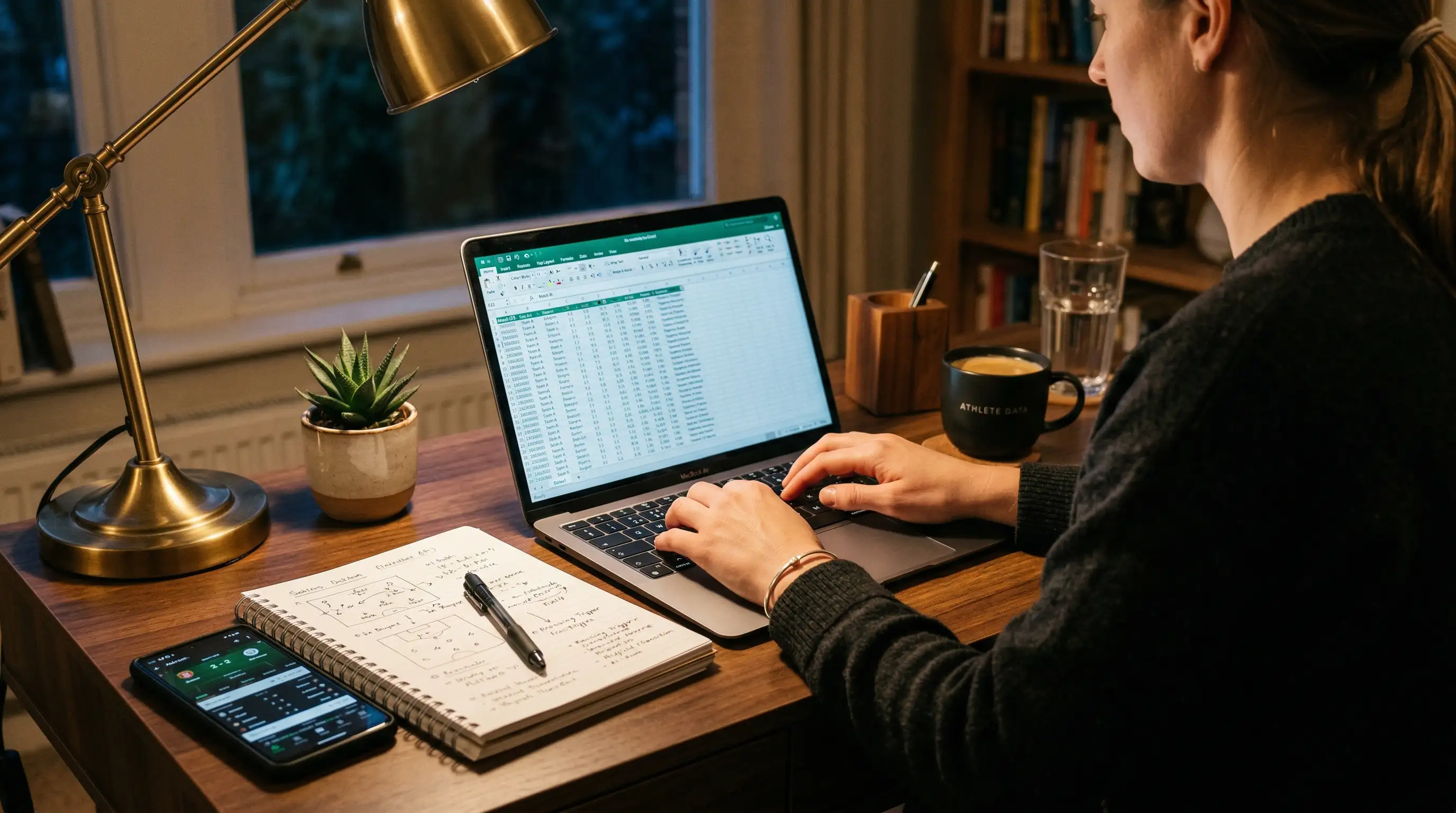 Persona analizando datos de fútbol en ordenador portátil con notas